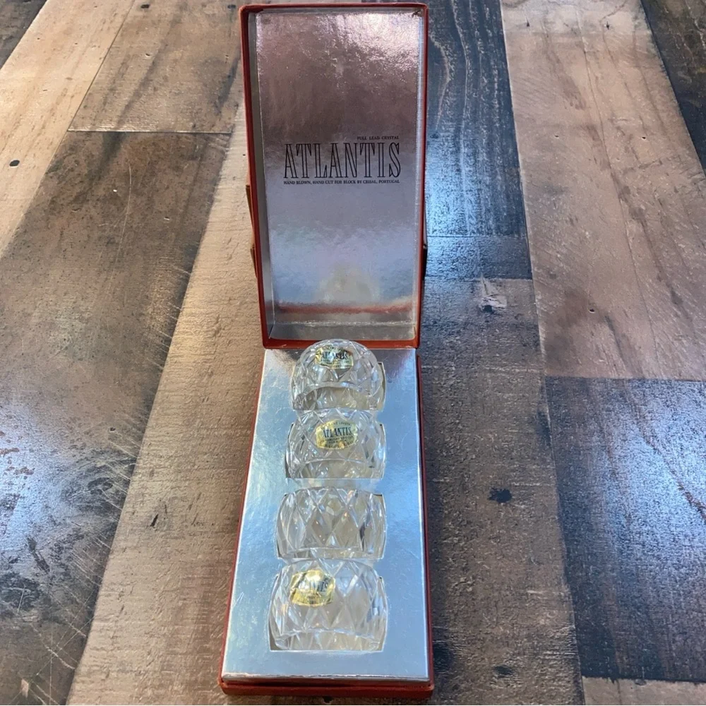 4 Full Lead Crystal Napkin Rings Atlantis Blown Hand‎ Cut Portugal Original Box